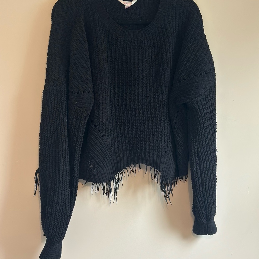 No Boundaries Black Crew Neck Sweater with Distressed Hem
